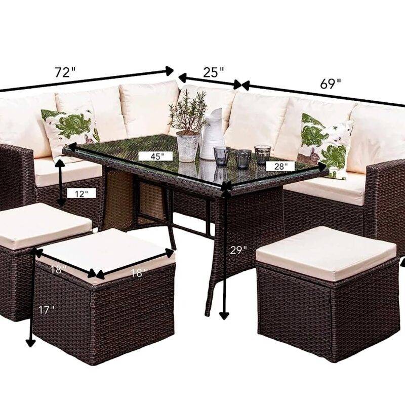 DEVOKO 6-Pcs Wicker Sofa Dining Set (Dark Brown & Cream) - Image 2