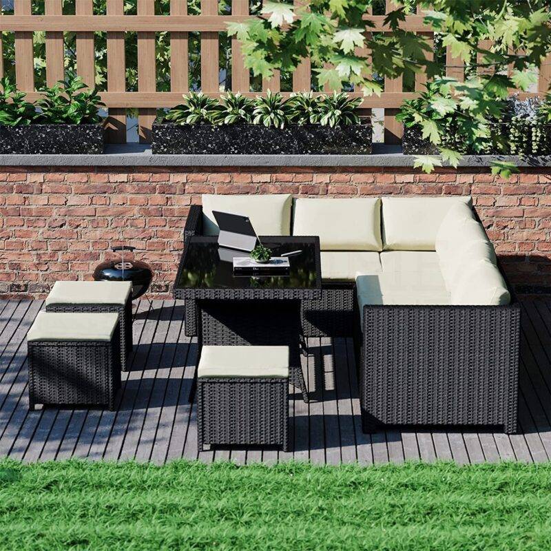 6-Piece Outdoor Wicker Patio Dining Set - Black/Cream - Image 5