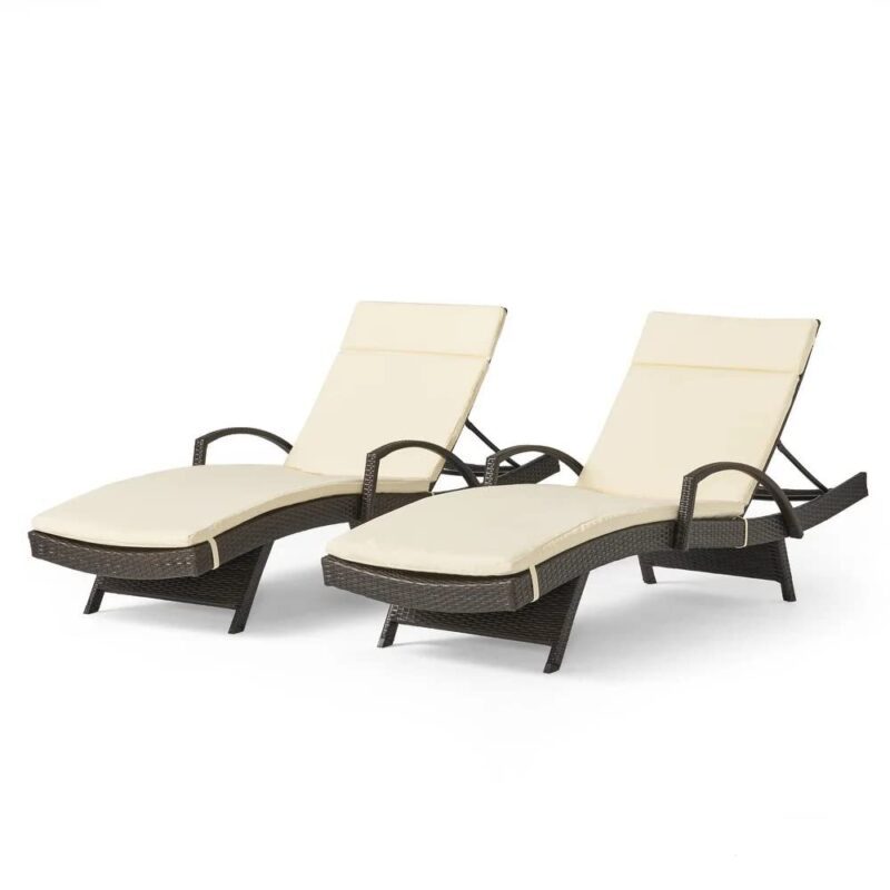 DEVOKO Rattan Sun Lounger Set - Dark Brown/Cream, Adjustable Backrest, Cushion - Beach, Lawn, Patio Relaxation - Image 4