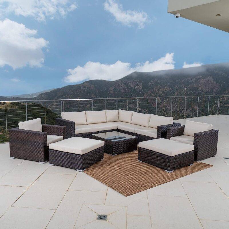 DEVOKO 7-Piece Rattan Sectional Sofa Set (Dark Brown/Cream) - Image 3