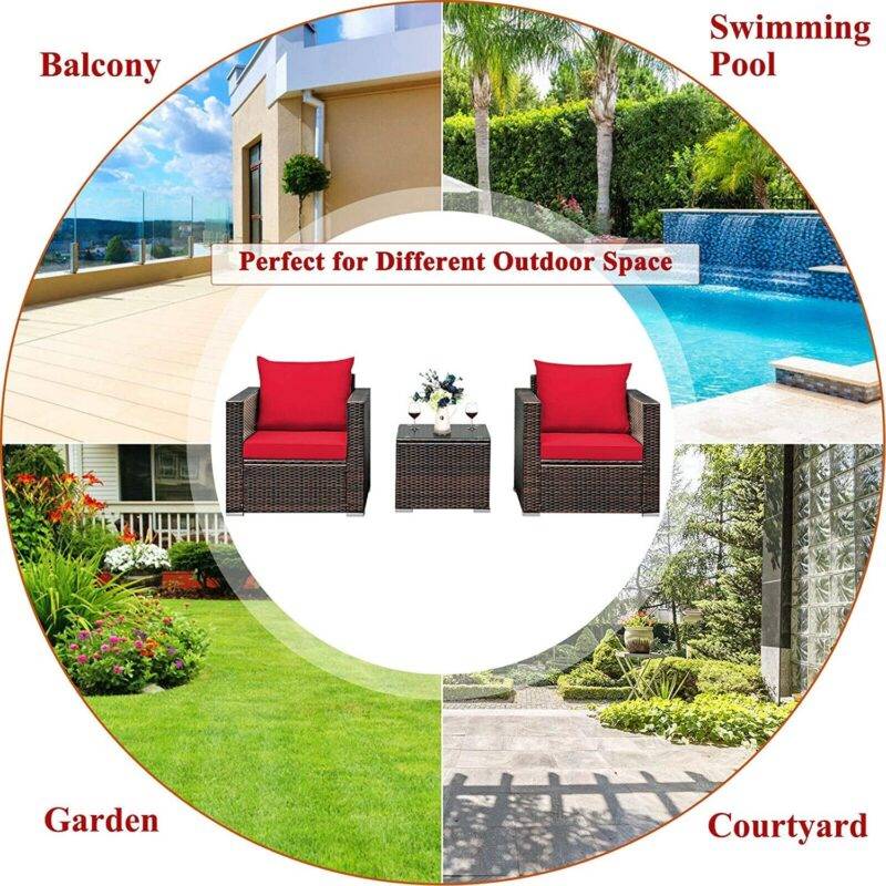 Devoko 3-Piece Rattan Bistro Set: Dark Brown/Red Outdoor Patio Furniture - Image 4