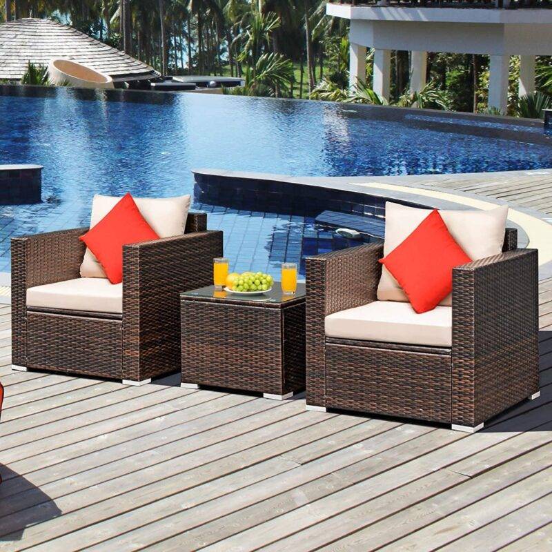 Devoko 3-Piece Outdoor Rattan Conversation Set (Dark Brown/Cream) - Image 5