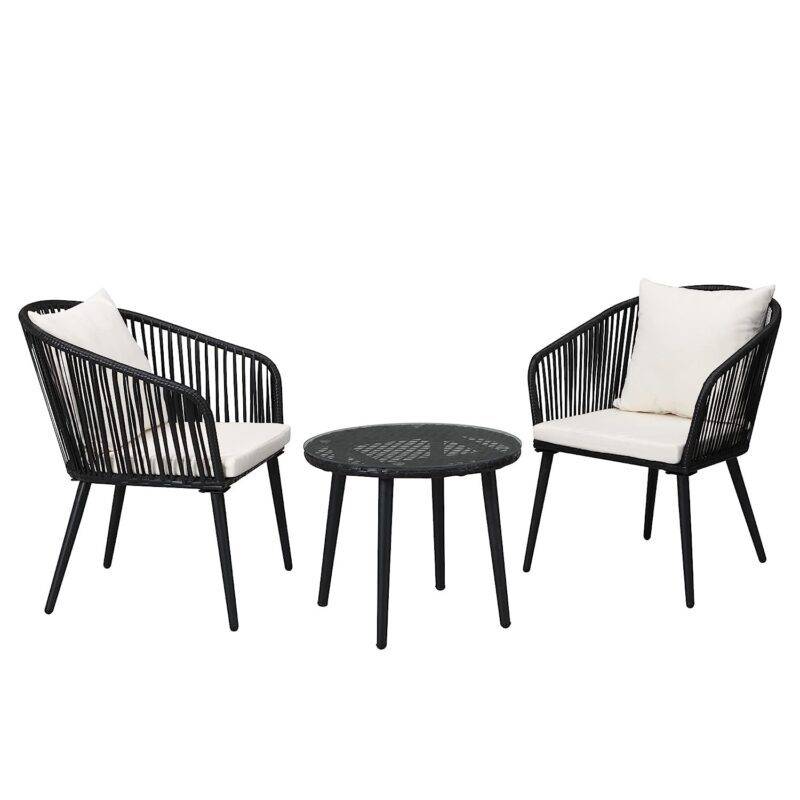 Devoko 3 Piece Patio Wicker Set – Black/Off-white – Terrace/Garden - Image 4