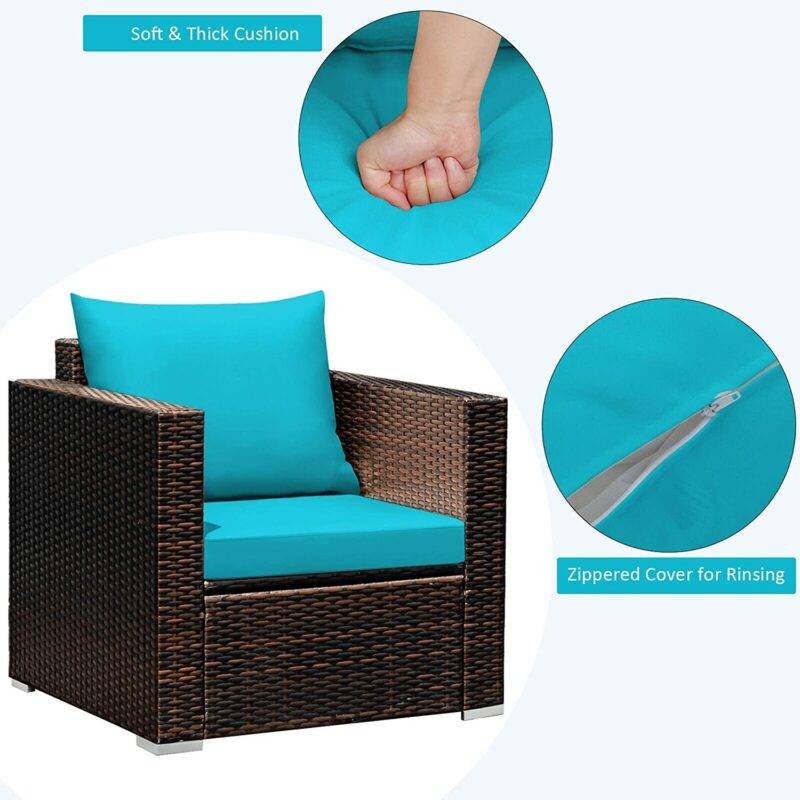 3-Piece Outdoor Bistro Set with Wicker Chairs and Table (Dark Brown/Sky Blue) - Image 5