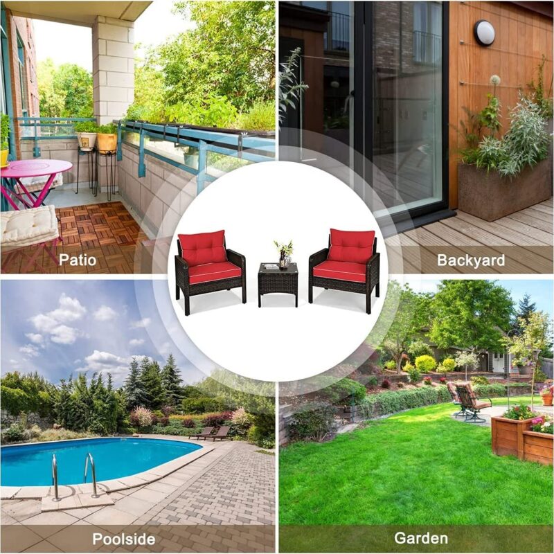 3-Piece Rattan Wicker Patio Furniture Set - Dark Brown/Red - Image 4