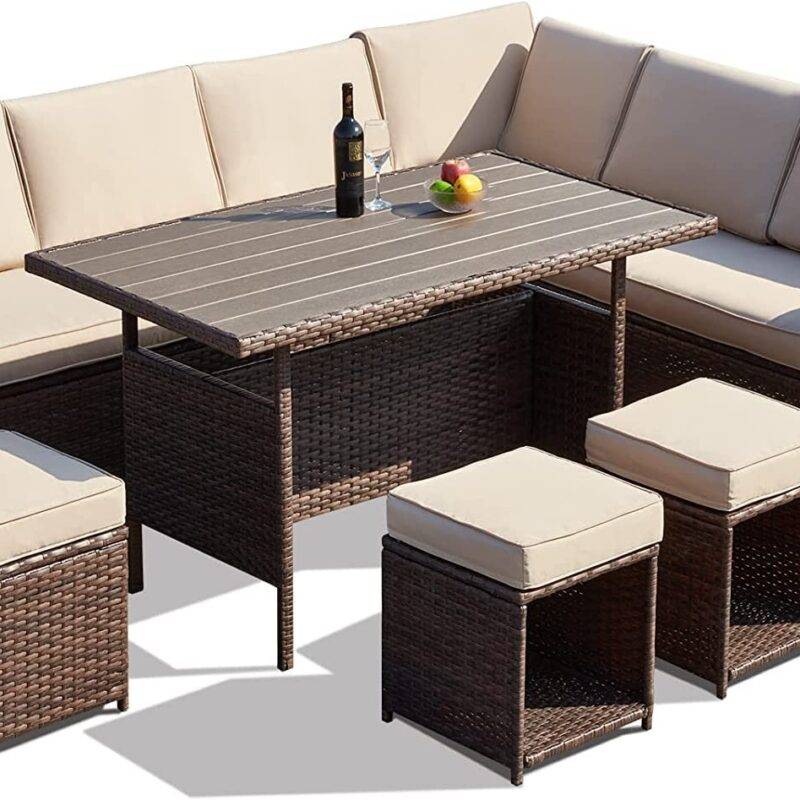 Devoko 6-Piece L-Shaped Rattan Patio Dining Set - Dark Brown/Cream - Image 4