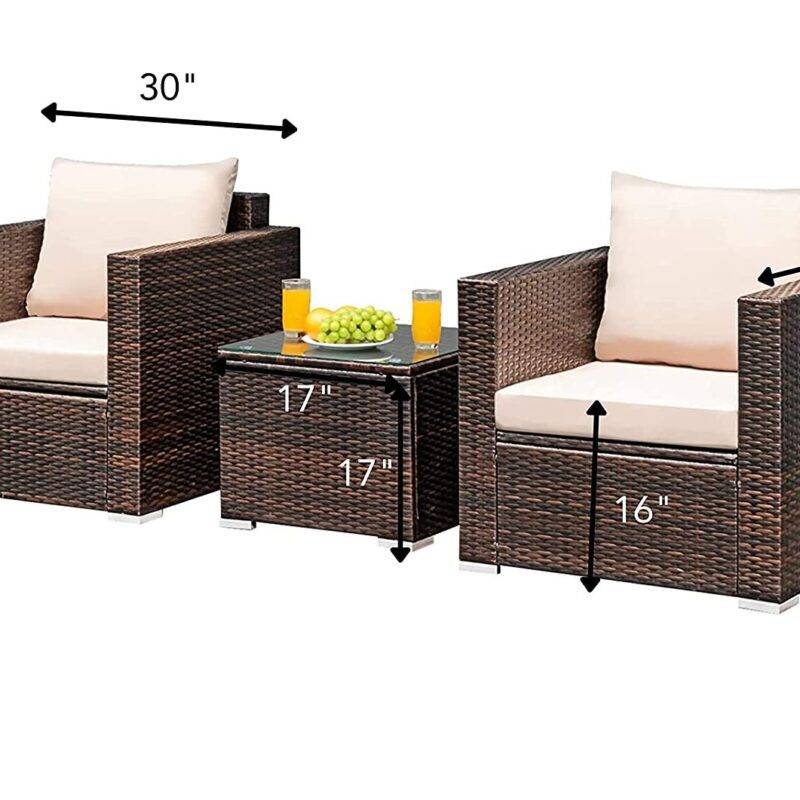 Devoko 3-Piece Outdoor Rattan Conversation Set (Dark Brown/Cream) - Image 2