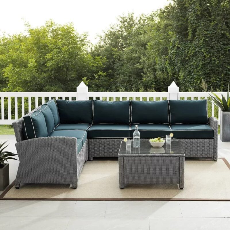 DEVOKO 3PCS Outdoor L-Shaped Rattan Sofa Set with Cushions and Table (Silver & Navy Blue) - Image 5