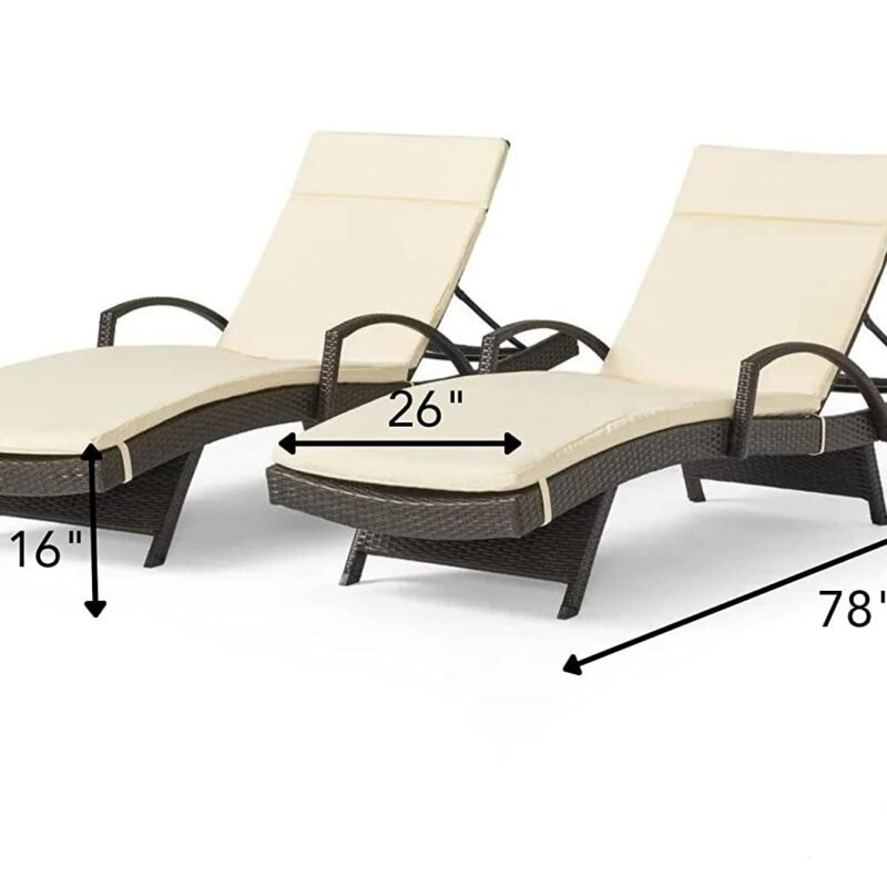 DEVOKO Rattan Sun Lounger Set - Dark Brown/Cream, Adjustable Backrest, Cushion - Beach, Lawn, Patio Relaxation - Image 2