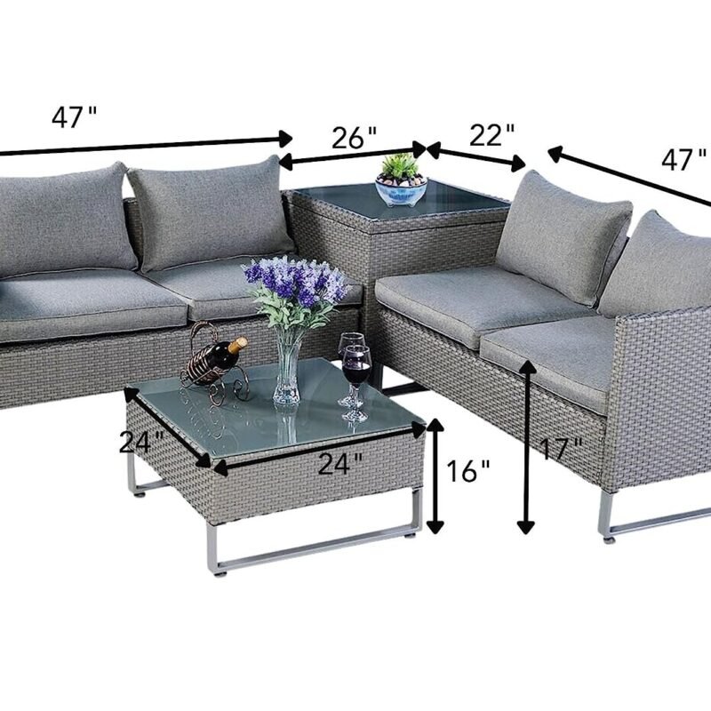 DEVOKO Rattan 4-Seater Sofa Set (Grey) - Image 4