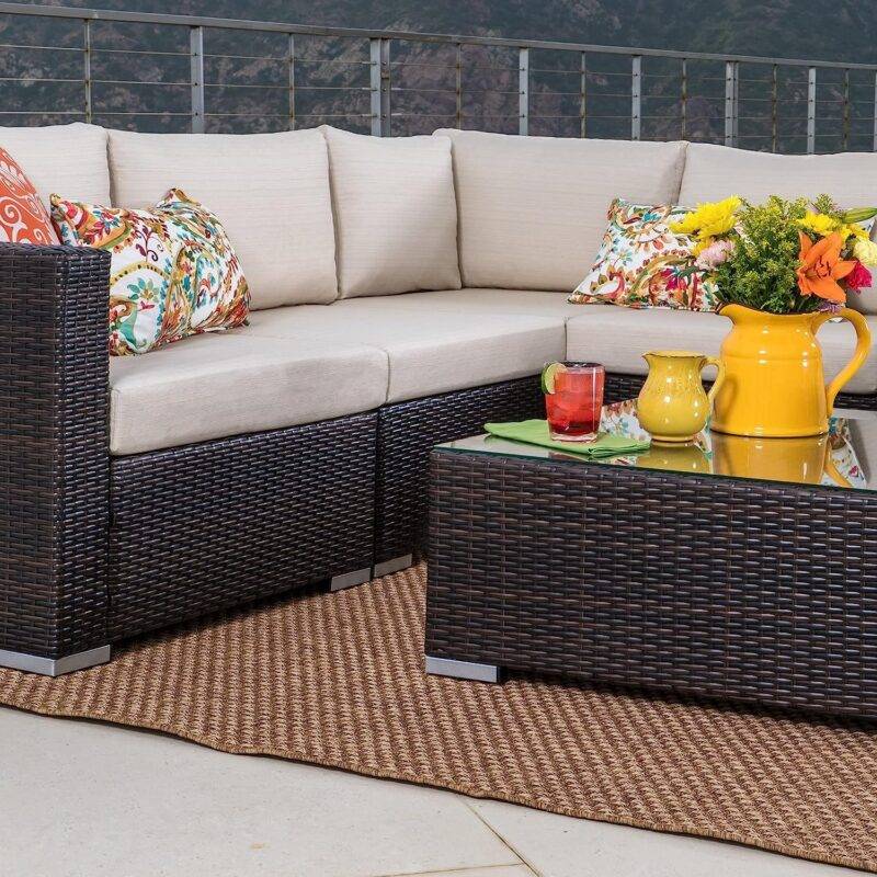 DEVOKO 3pc Outdoor L Shape Patio Set (Dark Brown/Cream) - Image 4