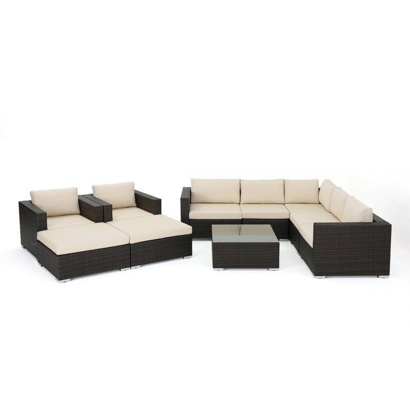 DEVOKO 7-Piece Rattan Sectional Sofa Set (Dark Brown/Cream) - Image 4
