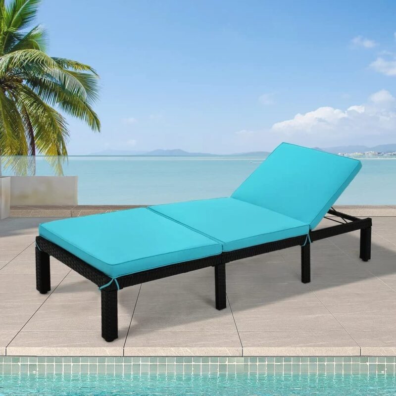 DEVOKO Double Chaise Lounge with Waterproof Cushions - Dark Brown/Sky Blue - Image 4