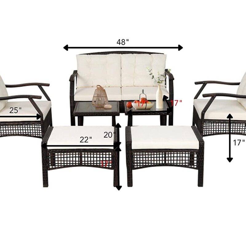 Devoko 7-Piece Rattan Wicker Outdoor Sofa Set with Coffee Tables and Ottoman Stool (Dark Brown/Cream) - Image 2