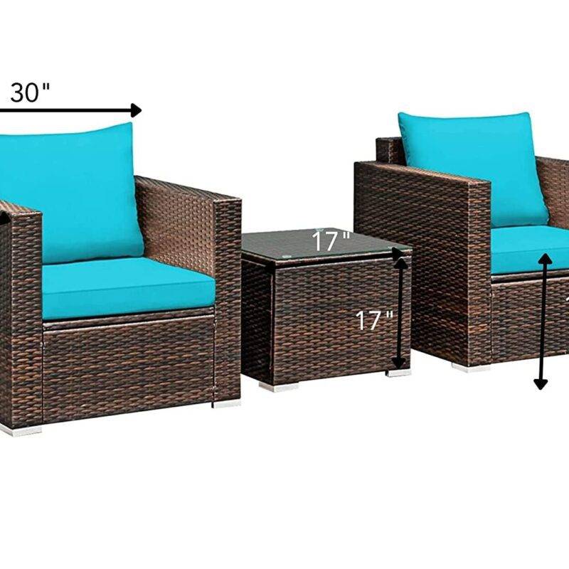 3-Piece Outdoor Bistro Set with Wicker Chairs and Table (Dark Brown/Sky Blue) - Image 2