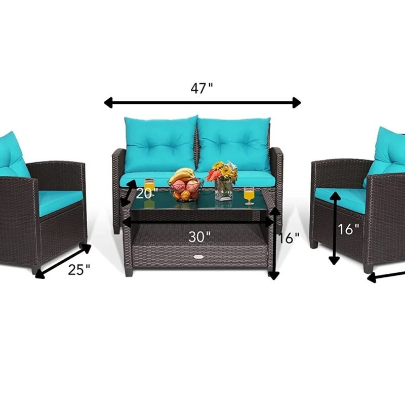 Devoko 4PC Wicker Patio Furniture Set with Cushions (Dark Brown & Sky Blue) - Image 4