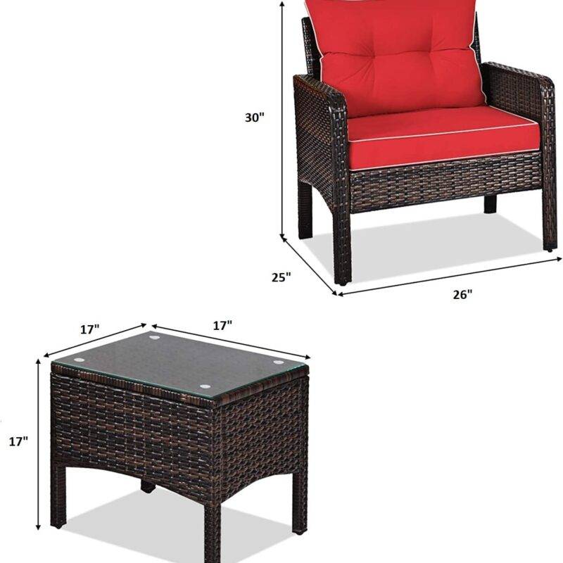 3-Piece Rattan Wicker Patio Furniture Set - Dark Brown/Red - Image 2