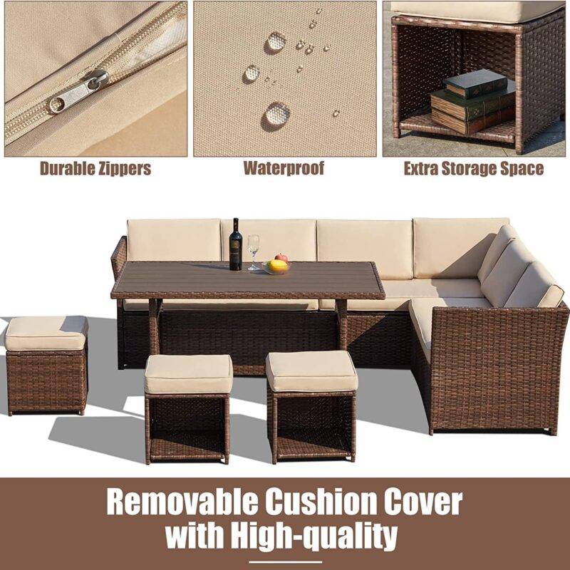 Devoko 6-Piece L-Shaped Rattan Patio Dining Set - Dark Brown/Cream - Image 3