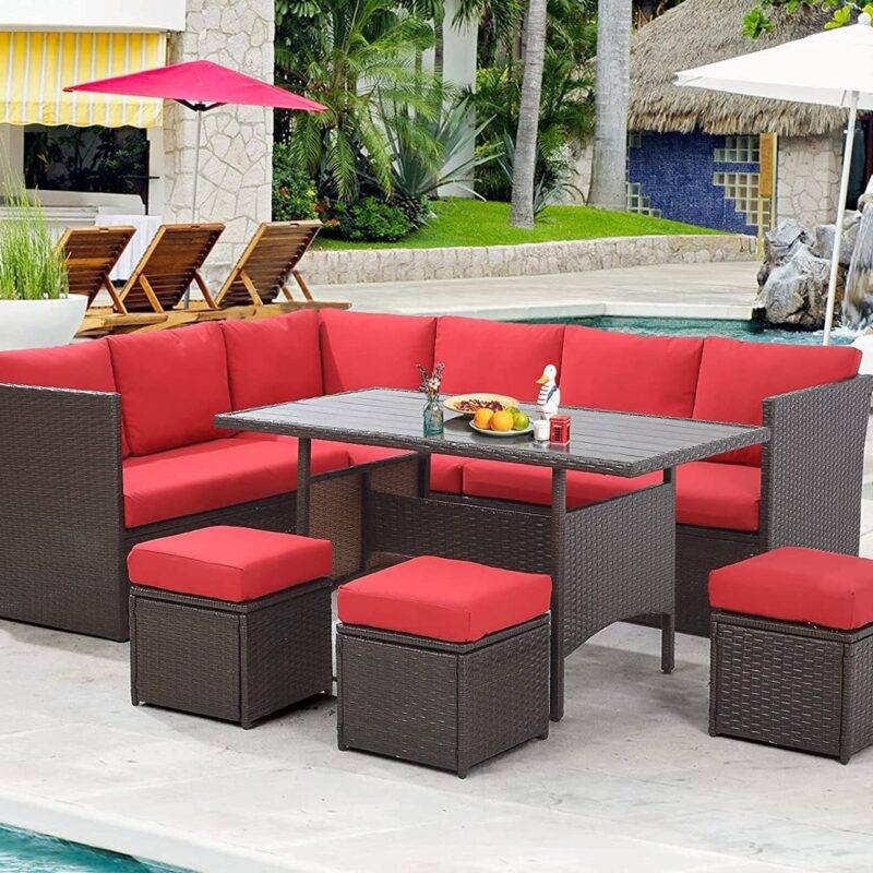 DEVOKO 6-Piece Wicker Patio Furniture Set (Dark Brown & Red) - Image 4