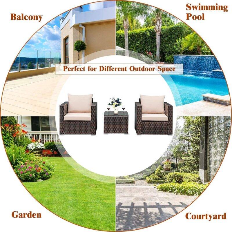 Devoko 3-Piece Outdoor Rattan Conversation Set (Dark Brown/Cream) - Image 6