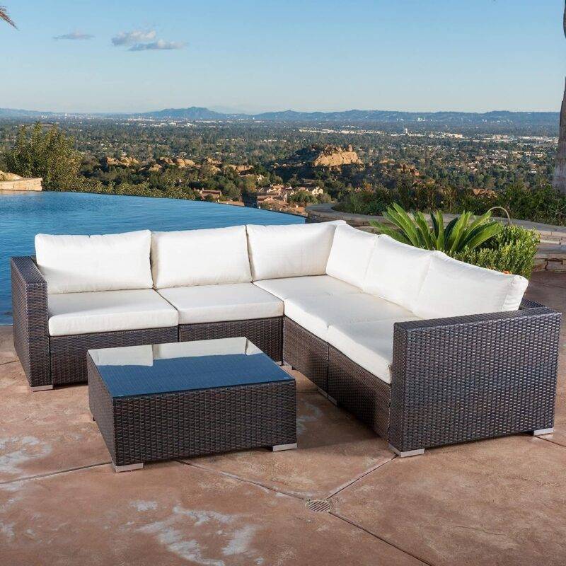 DEVOKO 3pc Outdoor L Shape Patio Set (Dark Brown/Cream) - Image 5