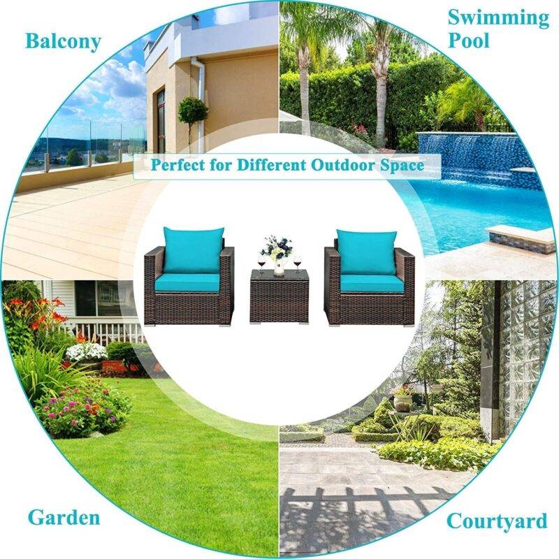 3-Piece Outdoor Bistro Set with Wicker Chairs and Table (Dark Brown/Sky Blue) - Image 6