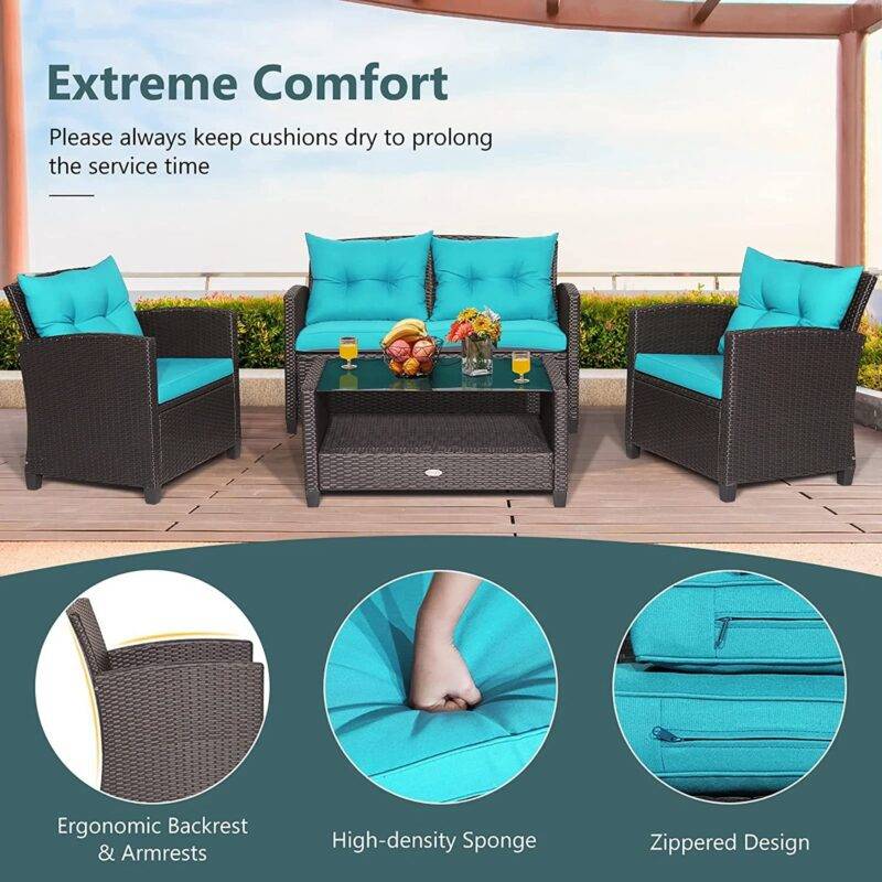 Devoko 4PC Wicker Patio Furniture Set with Cushions (Dark Brown & Sky Blue) - Image 5