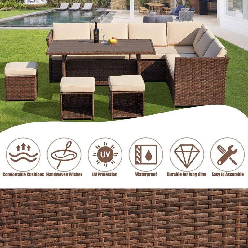 Devoko 6-Piece L-Shaped Rattan Patio Dining Set - Dark Brown/Cream - Image 5