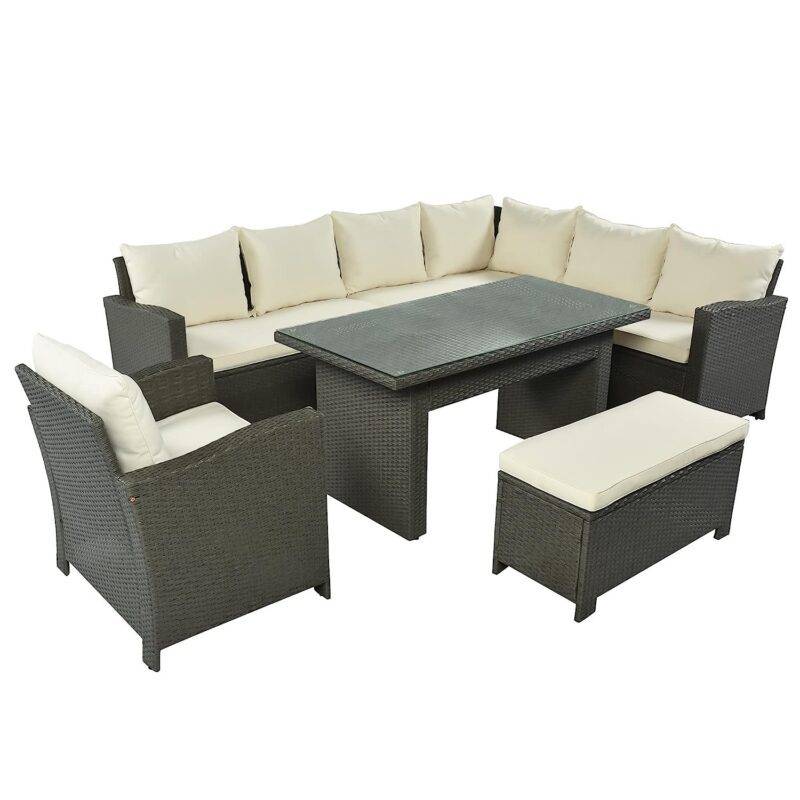 5-Piece Outdoor Patio Furniture Set with Dining Table and Chairs - Dark Brown/Cream - Image 5