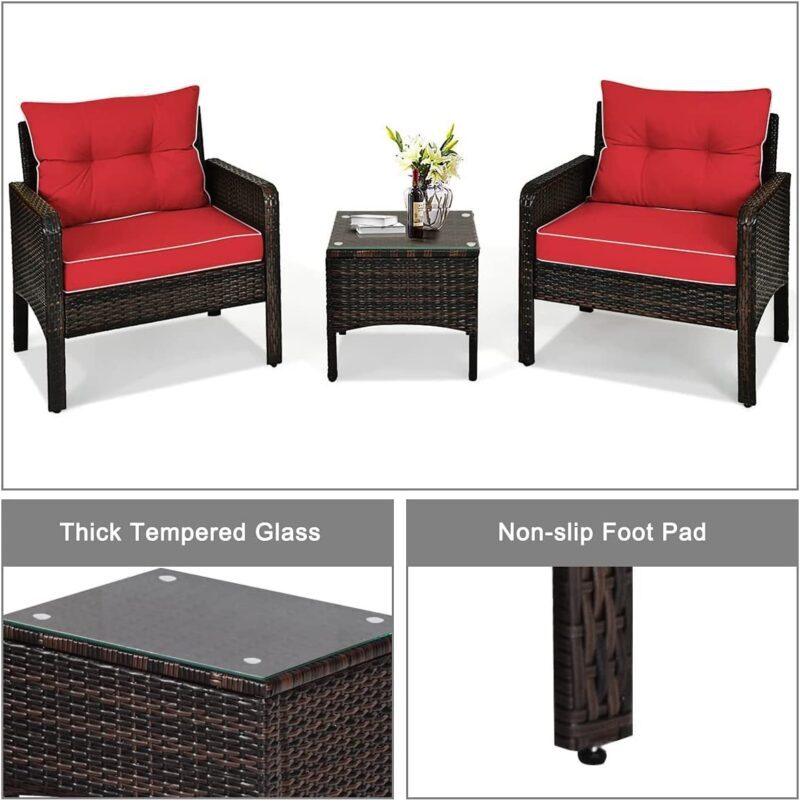 3-Piece Rattan Wicker Patio Furniture Set - Dark Brown/Red - Image 6