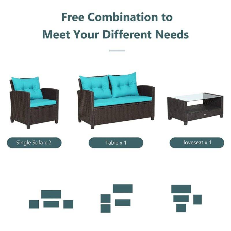 Devoko 4PC Wicker Patio Furniture Set with Cushions (Dark Brown & Sky Blue) - Image 6