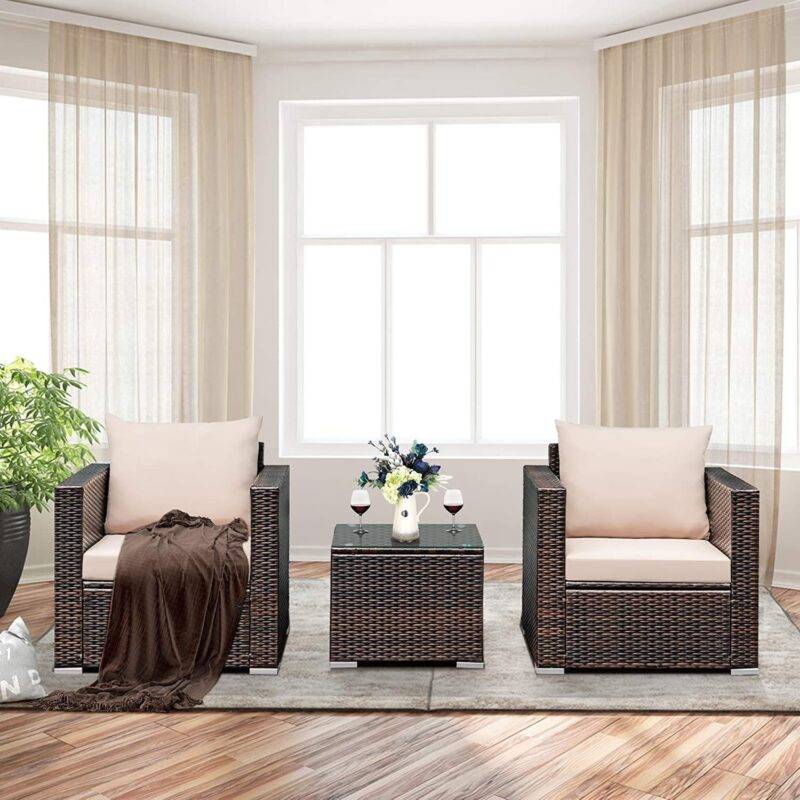 Devoko 3-Piece Outdoor Rattan Conversation Set (Dark Brown/Cream) - Image 7