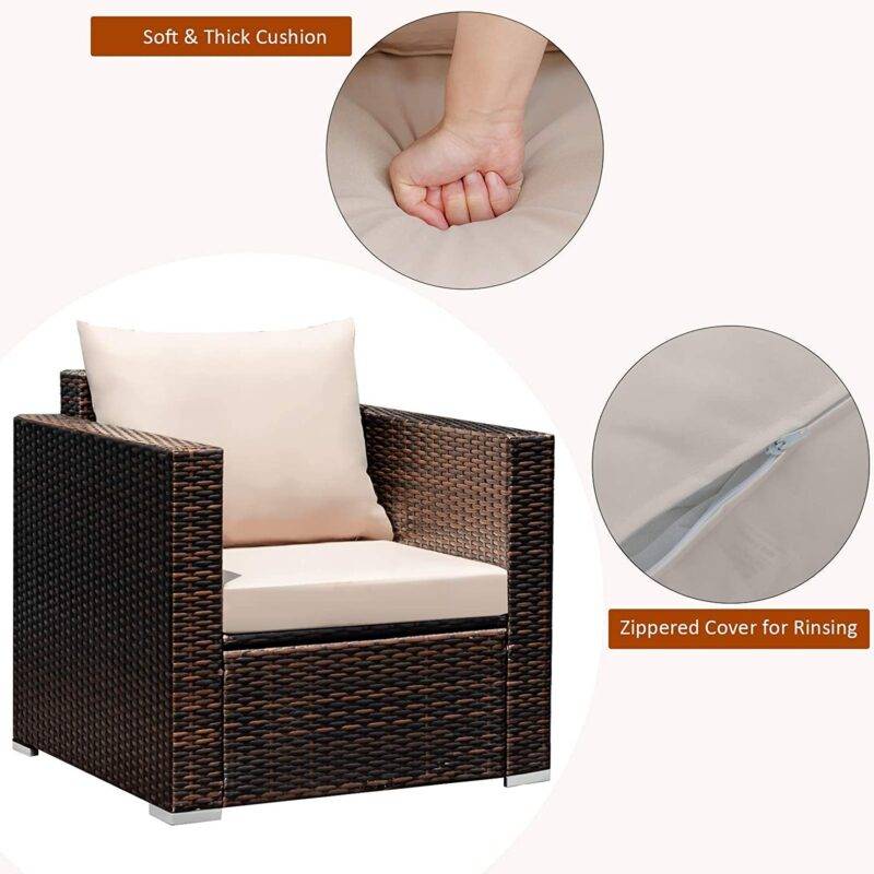 Devoko 3-Piece Outdoor Rattan Conversation Set (Dark Brown/Cream) - Image 3
