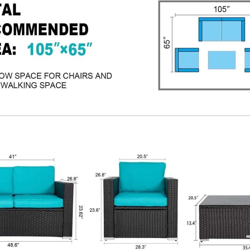 4Pc Outdoor Wicker Rattan Sofa Set with Cushions(Black & Sky blue) - Image 9