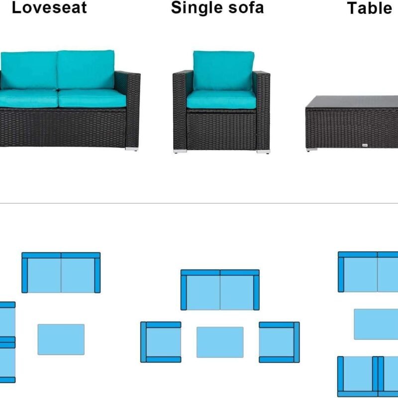 4Pc Outdoor Wicker Rattan Sofa Set with Cushions(Black & Sky blue) - Image 8