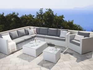 Devoko 7-Piece L-Shaped Outdoor Sectional Sofa with Manual Weaving Wicker, White Sofa & Grey Cushions