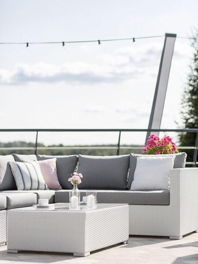Devoko 7-Piece L-Shaped Outdoor Sectional Sofa with Manual Weaving Wicker, White Sofa & Grey Cushions - Image 7