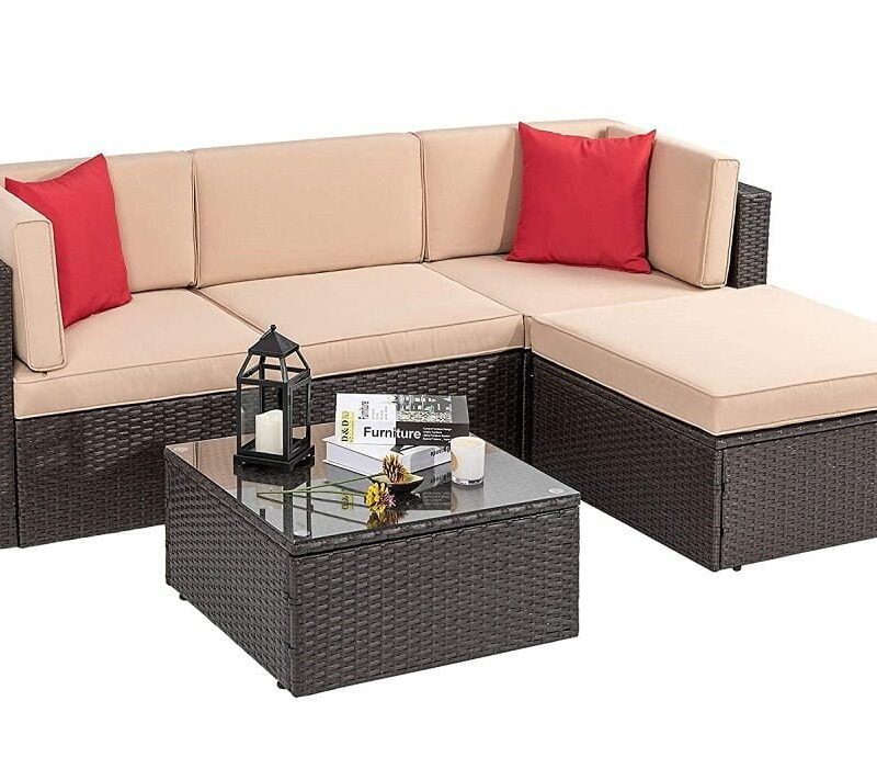 3-piece Outdoor Patio Furniture Set: All-Weather Rattan Sofa Set (Dark Brown & Cream) - Image 2