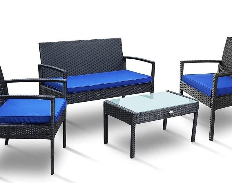 Black & Blue 4-Piece Outdoor Rattan Furniture Set - Image 3