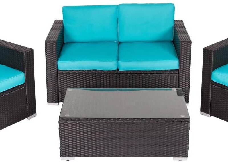 4Pc Outdoor Wicker Rattan Sofa Set with Cushions(Black & Sky blue) - Image 2