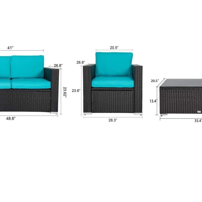4Pc Outdoor Wicker Rattan Sofa Set with Cushions(Black & Sky blue) - Image 4