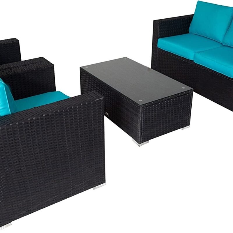 4Pc Outdoor Wicker Rattan Sofa Set with Cushions(Black & Sky blue) - Image 3