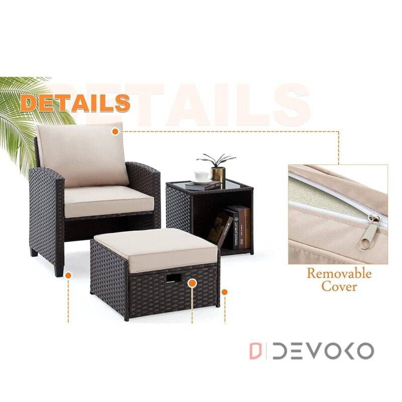 Dark Brown & Cream Rattan Patio Conversation Set - Image 4