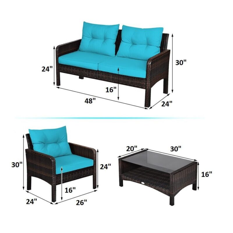 Devoko 4-Piece Rattan Bistro Sofa Set - Dark Brown & SkyBlue - Image 4