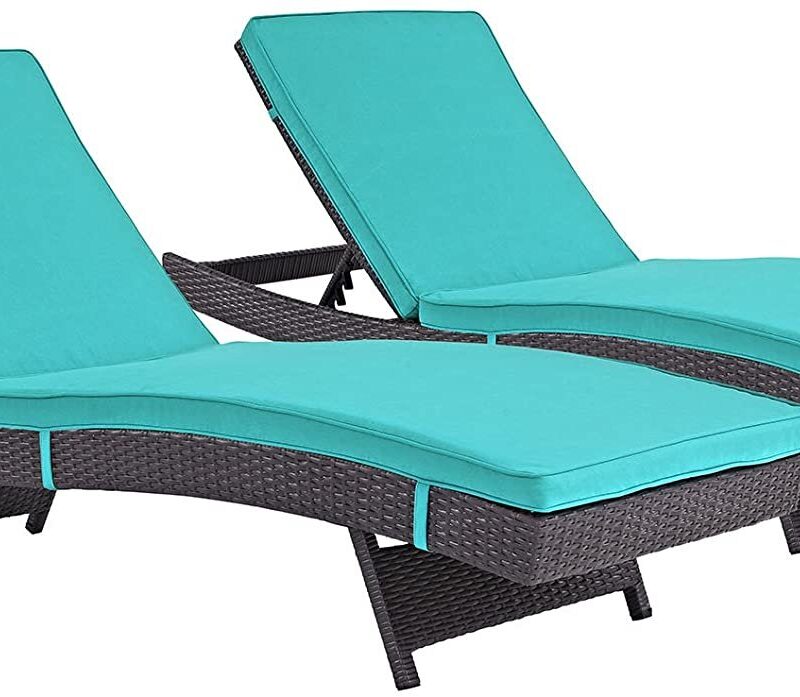 Adjustable Rattan Wicker Patio Chaise Lounge - Dark Brown & Sky Blue (Set of 2) - Image 3