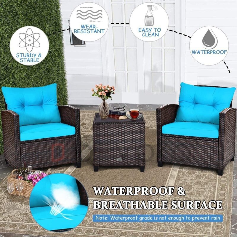 3-Piece Rattan Patio Sofa Set: Skyblue & Darkbrown - Image 6