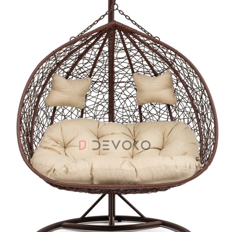 Double Seater Rattan & Wicker Swing (Brown & Cream) - Image 3