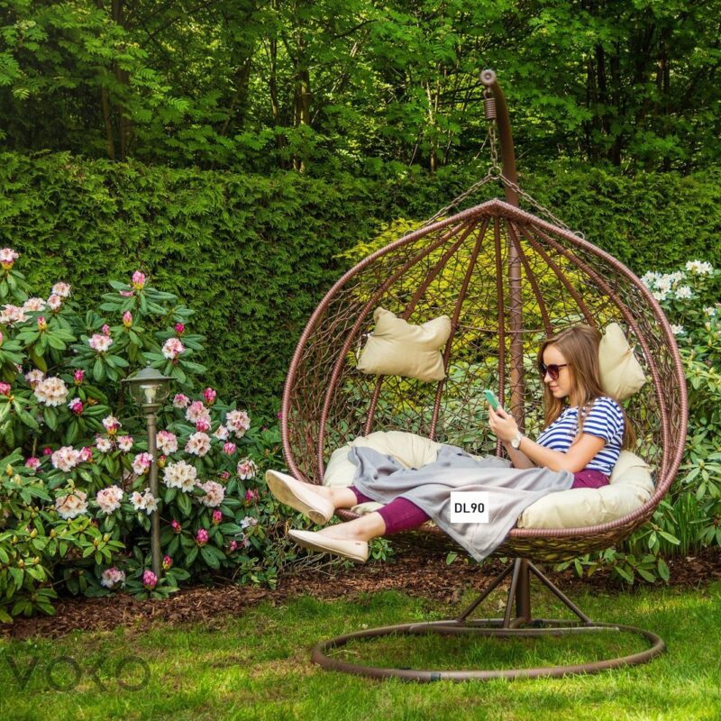 Double Seater Rattan & Wicker Swing (Brown & Cream) - Image 6