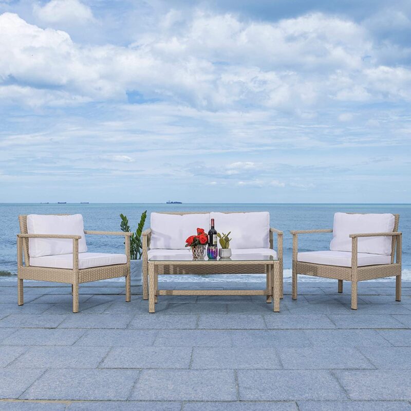 4-Piece Waterproof Outdoor Patio Furniture Set with Cushions - Beige/Off-White - Image 3