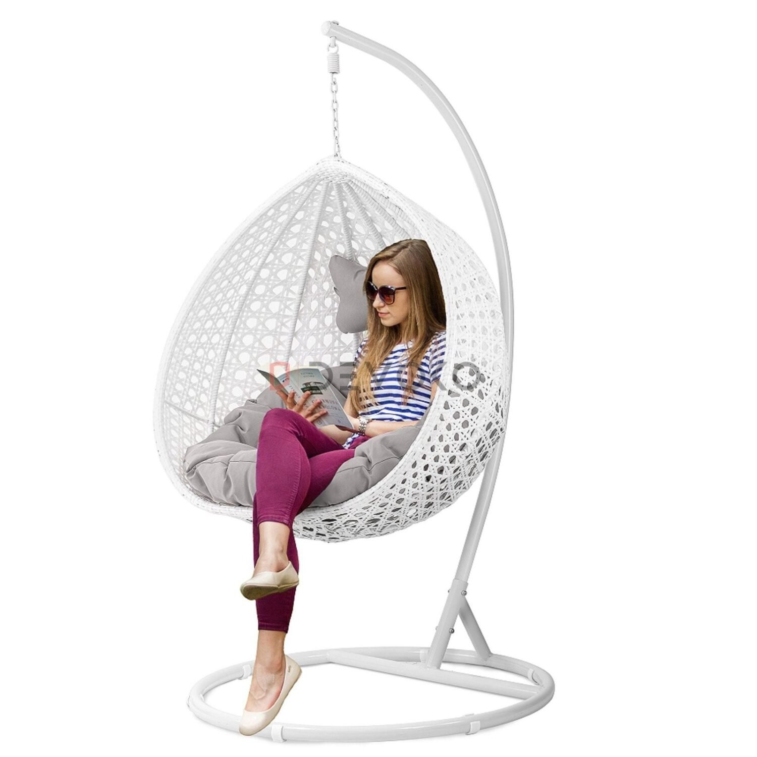 Single Seater Rattan & Wicker Swing (White & Grey) - Image 3